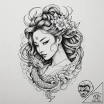 Tattoo design: a stylized female figure with… – tattoo sketch (№1755152010_0, 14.08.2025 06:13) — tattoovalue.net