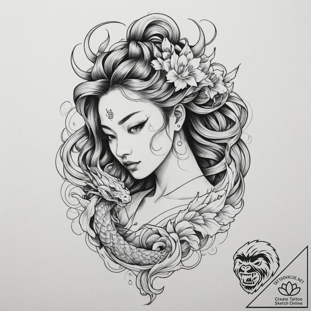 Tattoo design: a stylized female figure with... - tattoo sketch (№1755152010_0, 14.08.2025 06:13) — tattoovalue.net