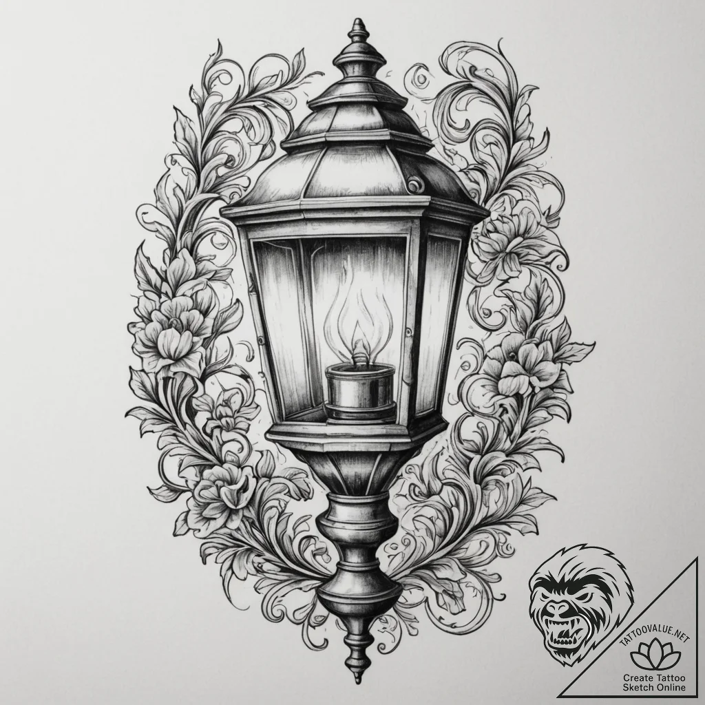 A flickering gas lamp on a historic, cobblest... - tattoo sketch (№1755158933_0, 14.08.2025 08:08) — tattoovalue.net