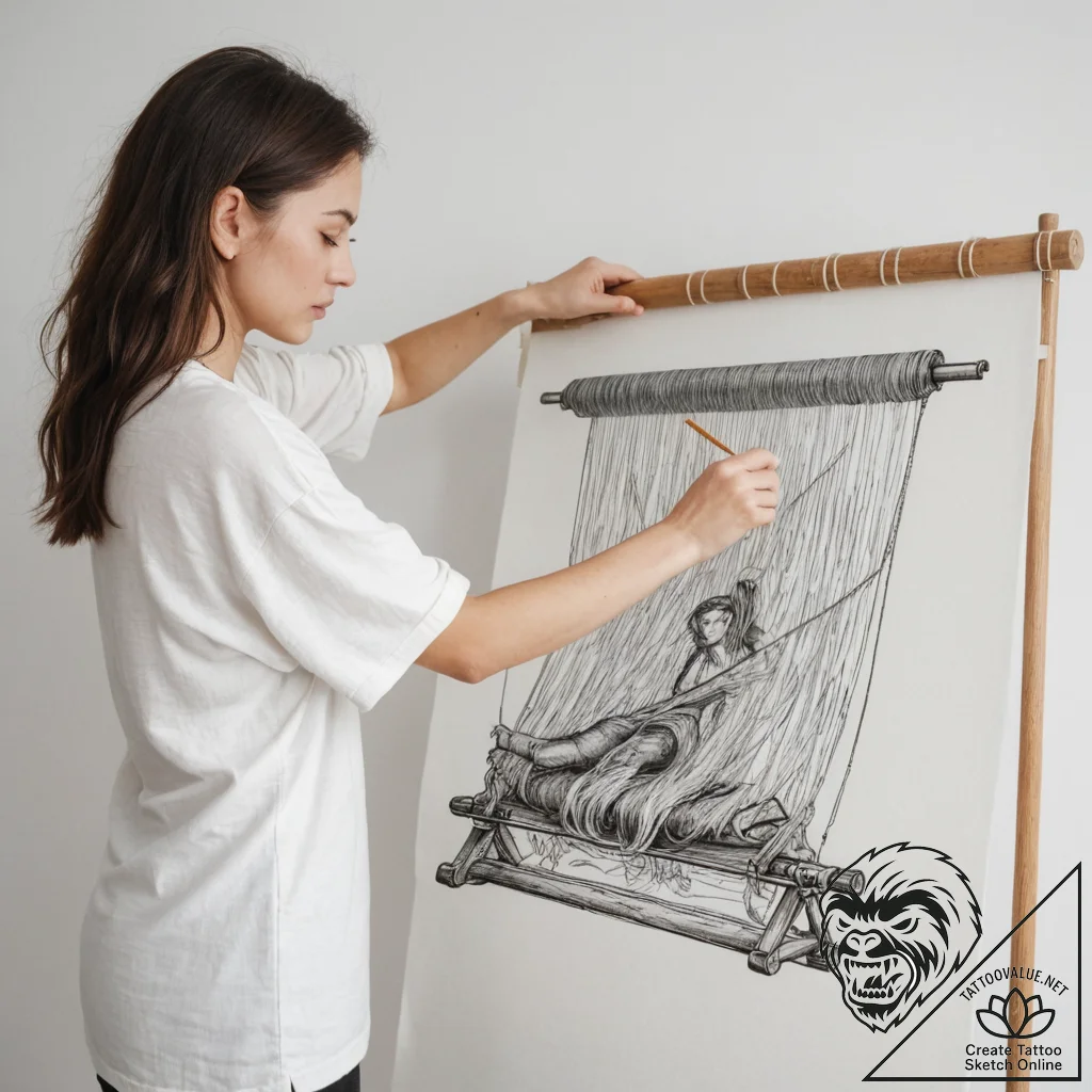 A person weaving a tapestry on a large loom. - tattoo sketch (№1755161113_0, 14.08.2025 08:45) — tattoovalue.net
