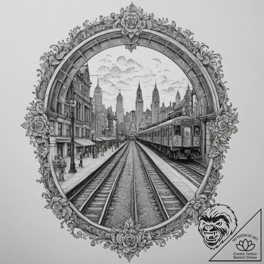 A crowded platform in a grand, old train stat... - tattoo sketch (№1755167436_0, 14.08.2025 10:30) — tattoovalue.net