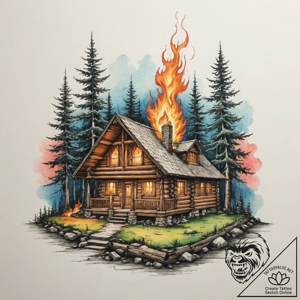 The interior of a log cabin with a fire roari... - tattoo sketch (№1755170598_0, 14.08.2025 11:23) — tattoovalue.net