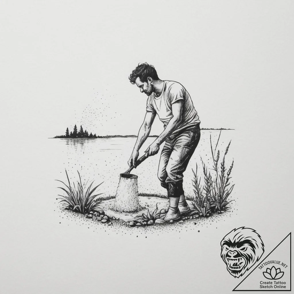 A person harvesting salt from an evaporation... - tattoo sketch (№1755170991_0, 14.08.2025 11:29) — tattoovalue.net