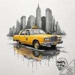 A yellow taxi cab speeding through a puddle i… – tattoo sketch (№1755171790_0, 14.08.2025 11:43) — tattoovalue.net