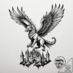Tattoo sketch a stylized griffin flying over… – tattoo sketch (№1755171989_0, 14.08.2025 11:46) — tattoovalue.net