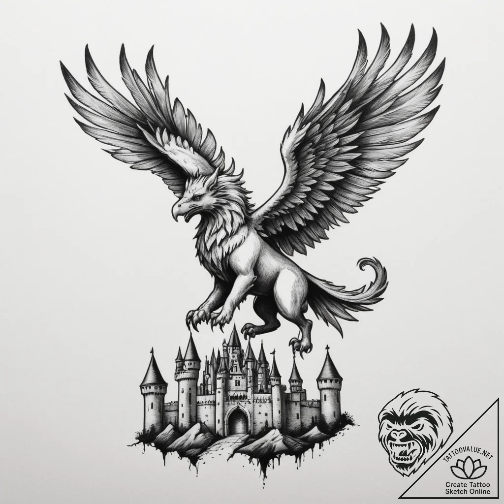 Tattoo sketch a stylized griffin flying over... - tattoo sketch (№1755171989_0, 14.08.2025 11:46) — tattoovalue.net
