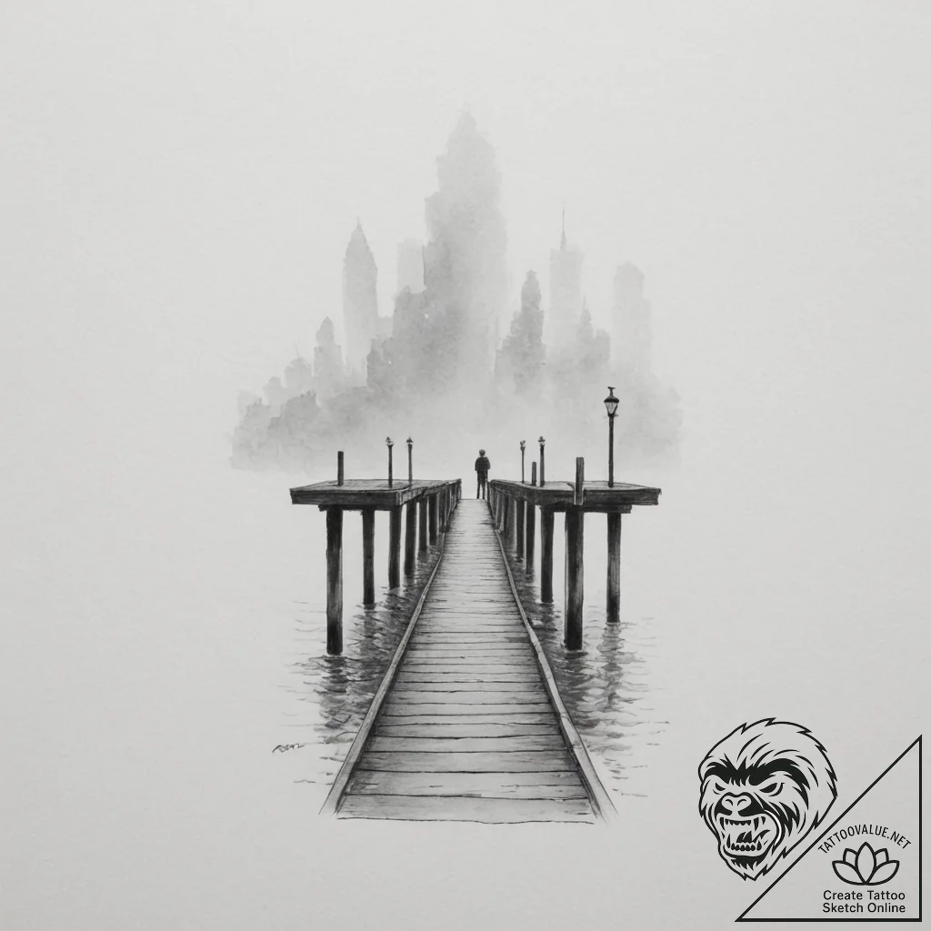 A lone figure standing at the end of a pier o... - tattoo sketch (№1755172188_0, 14.08.2025 11:49) — tattoovalue.net