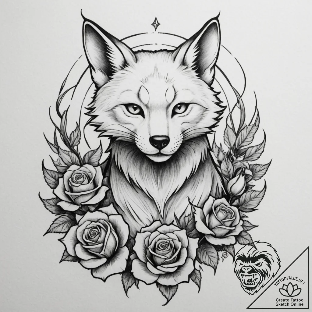 A kitsune with its nine tails, tattoo flash s... - tattoo sketch (№1755172391_0, 14.08.2025 11:53) — tattoovalue.net