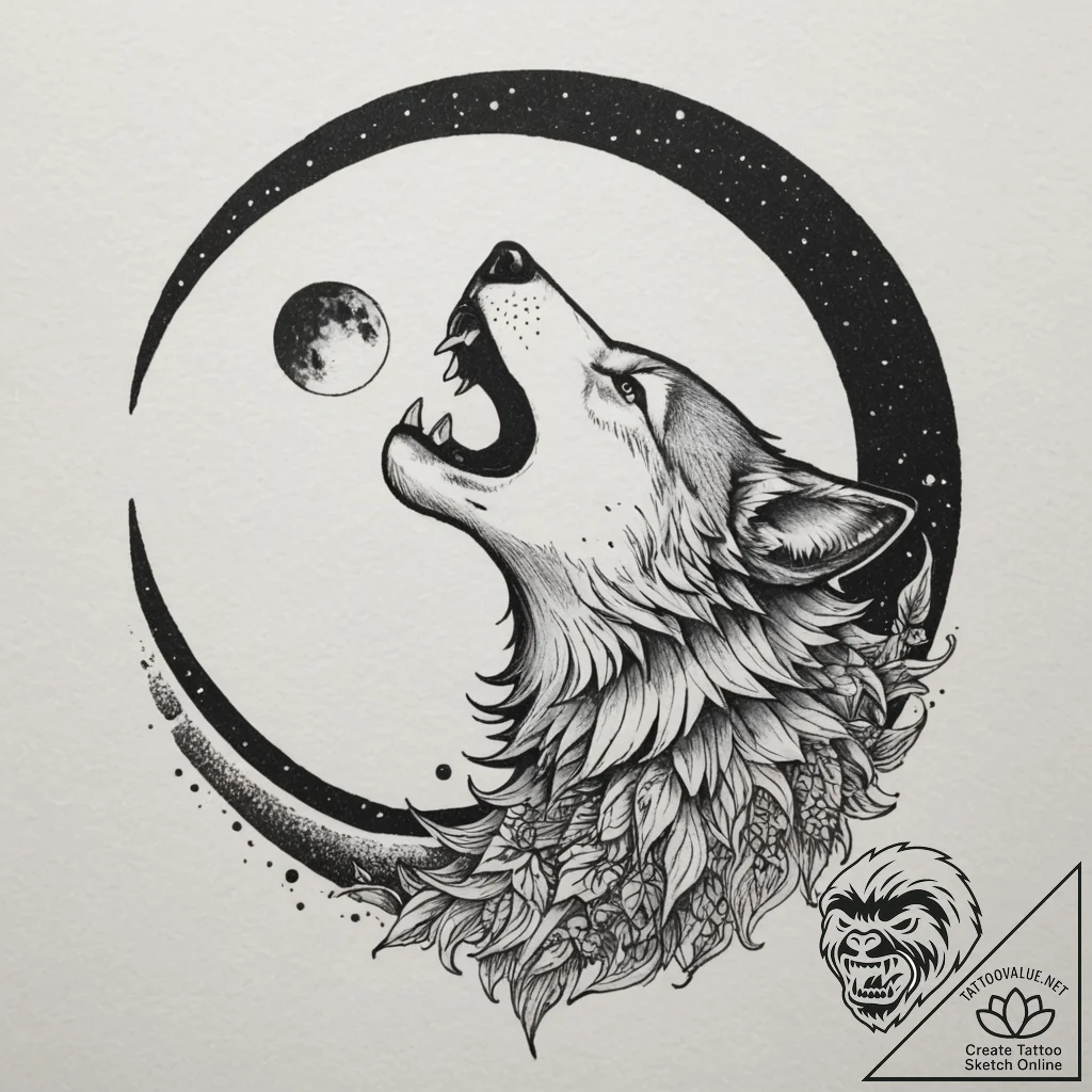A dotwork tattoo design of a wolf howling at... - tattoo sketch (№1755176193_0, 14.08.2025 12:56) — tattoovalue.net