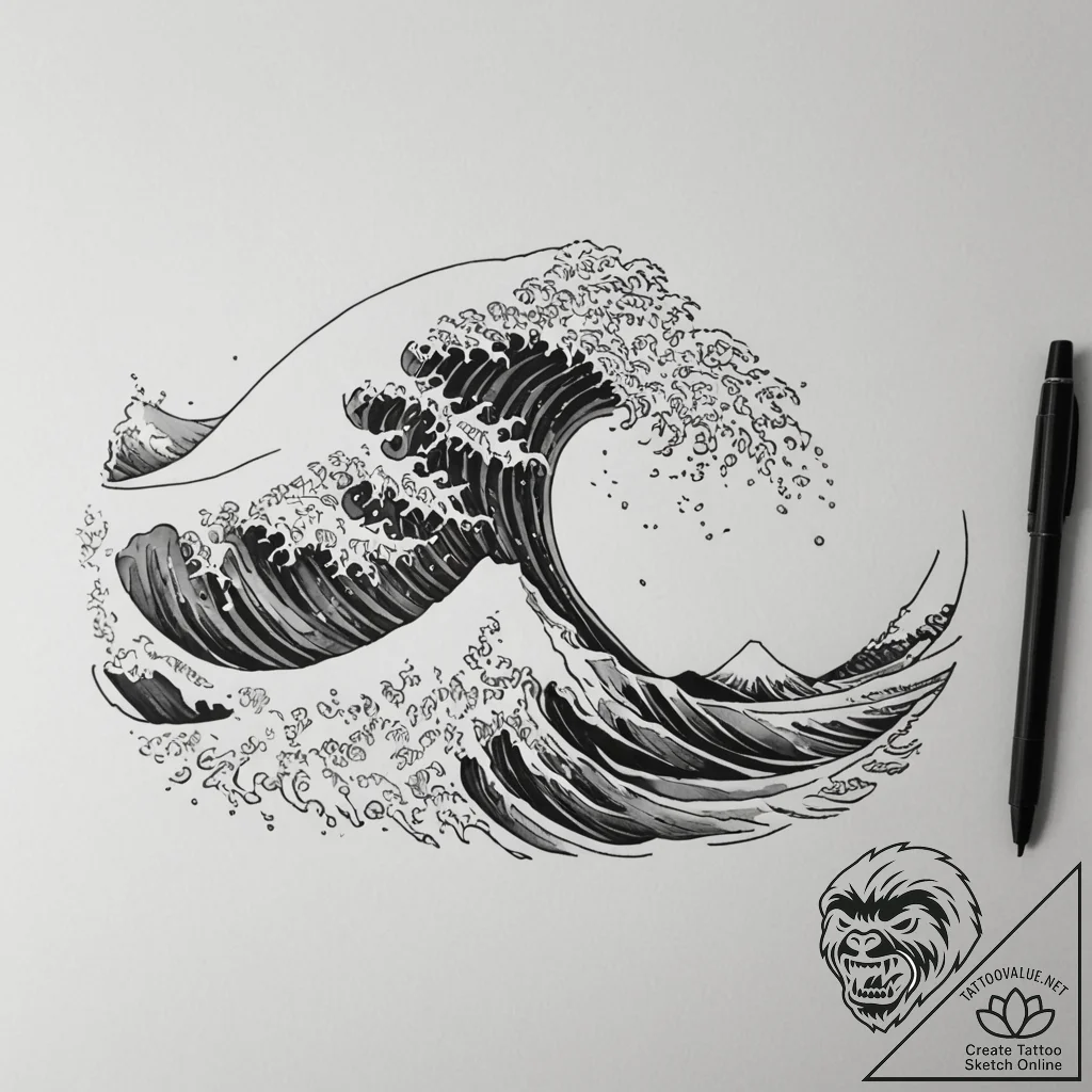 Tattoo design a powerful wave cresting, embod... - tattoo sketch (№1755177191_0, 14.08.2025 13:13) — tattoovalue.net