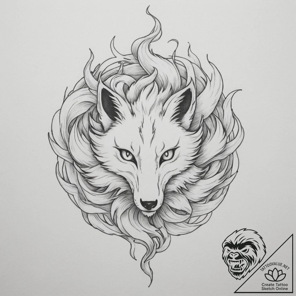 A kitsune with its nine tails - tattoo sketch (№1755177787_0, 14.08.2025 13:23) — tattoovalue.net