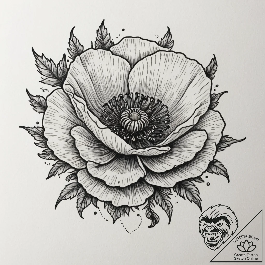 Tattoo sketch a single poppy in bloom its pet... - tattoo sketch (№1755183418_0, 14.08.2025 14:56) — tattoovalue.net