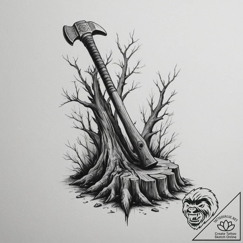 Tattoo sketch a warrior's axe embedded in a t... - tattoo sketch (№1755187516_0, 14.08.2025 16:05) — tattoovalue.net