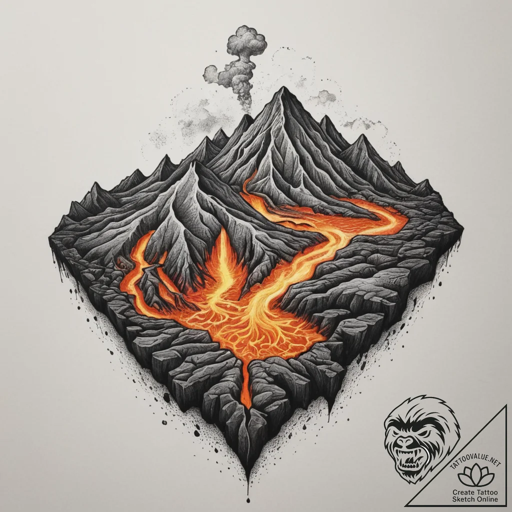 Tattoo sketch a volcanic landscape with glowi... - tattoo sketch (№1755187762_0, 14.08.2025 16:09) — tattoovalue.net
