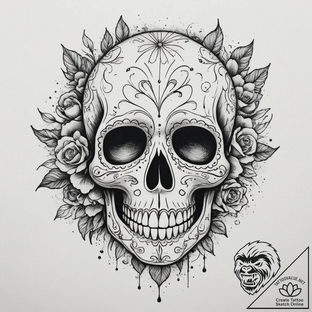 Sugar skull, ink illustration for tattoo, tra... - tattoo sketch (№1755191843_0, 14.08.2025 17:17) — tattoovalue.net