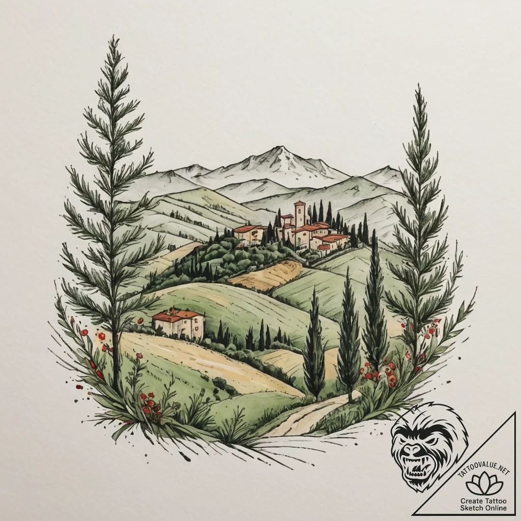 A wide shot of the rolling, green hills of tu... - tattoo sketch (№1755193440_0, 14.08.2025 17:44) — tattoovalue.net