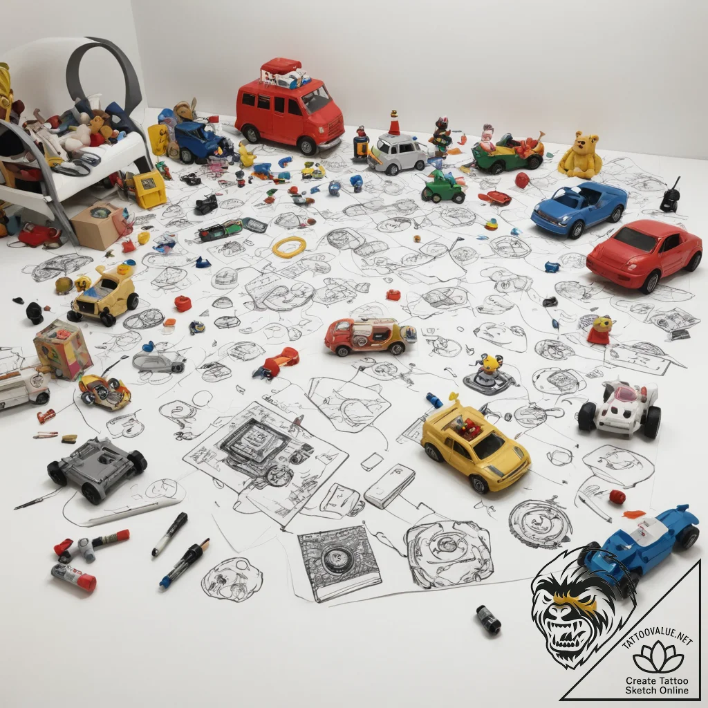 A child's messy playroom, with toys scattered... - tattoo sketch (№1755194841_0, 14.08.2025 18:07) — tattoovalue.net