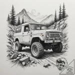 A rugged, mud-splattered 4×4 off-road vehicle… – tattoo sketch (№1755195446_0, 14.08.2025 18:17) — tattoovalue.net