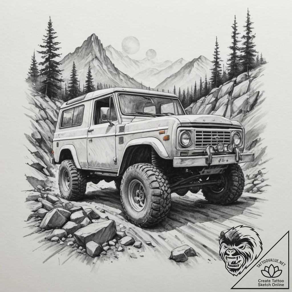 A rugged, mud-splattered 4x4 off-road vehicle... - tattoo sketch (№1755195446_0, 14.08.2025 18:17) — tattoovalue.net
