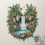 A hidden waterfall cascading into a lush, tro… – tattoo sketch (№1755195845_0, 14.08.2025 18:24) — tattoovalue.net