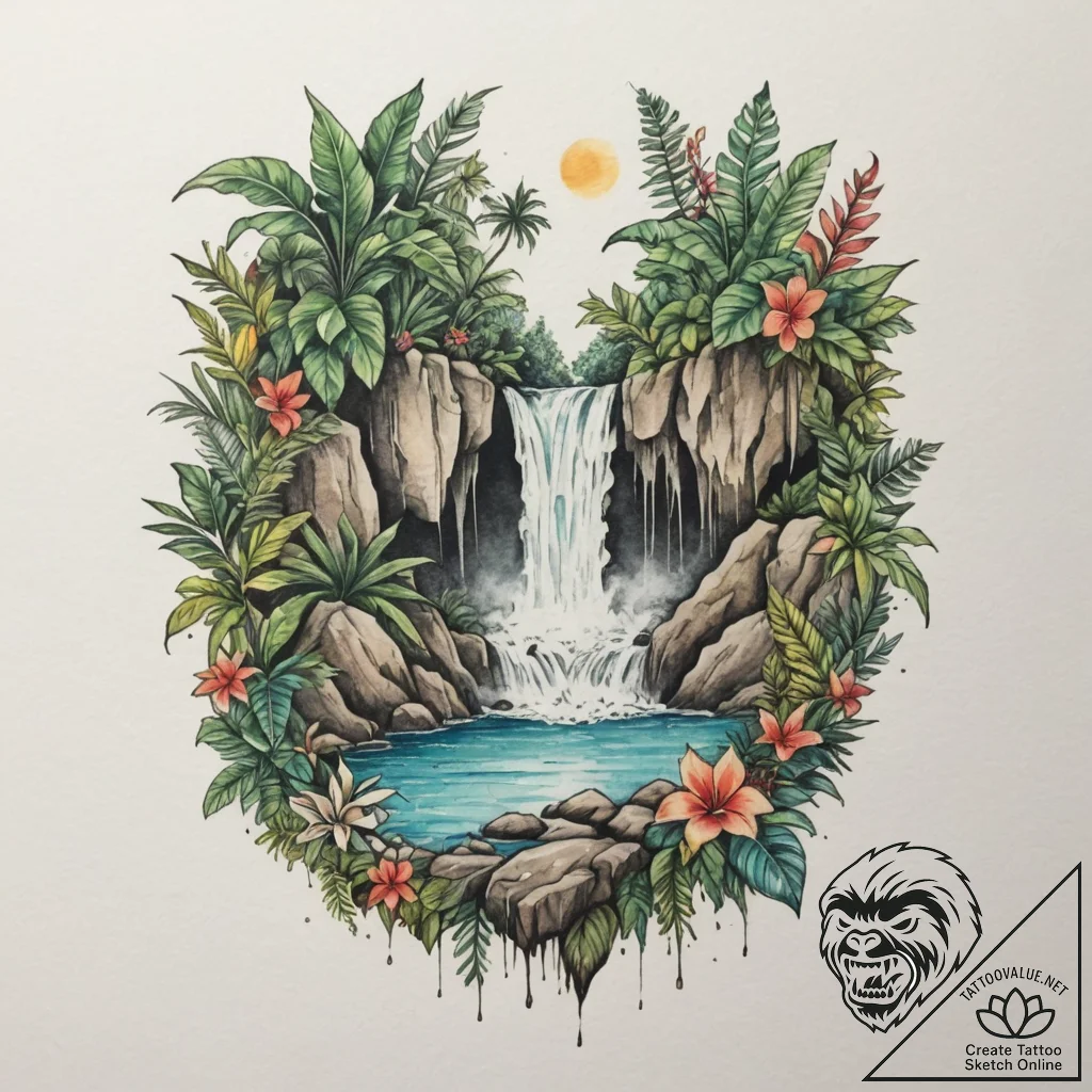 A hidden waterfall cascading into a lush, tro... - tattoo sketch (№1755195845_0, 14.08.2025 18:24) — tattoovalue.net