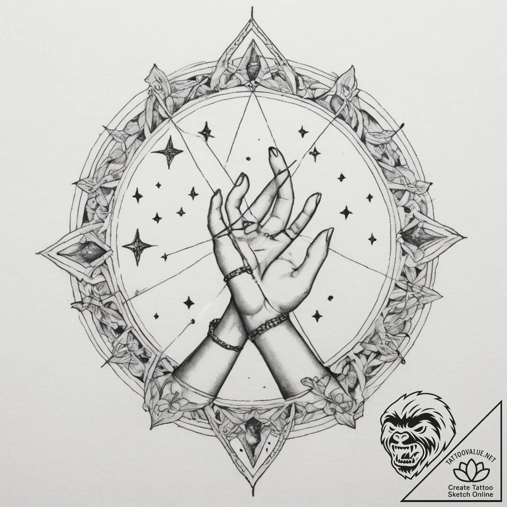 Tattoo sketch: a stylized woman's hands weavi... - tattoo sketch (№1755196846_0, 14.08.2025 18:40) — tattoovalue.net