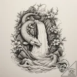 A hidden waterfall cascading into a lush, tro… – tattoo sketch (№1755197842_0, 14.08.2025 18:57) — tattoovalue.net