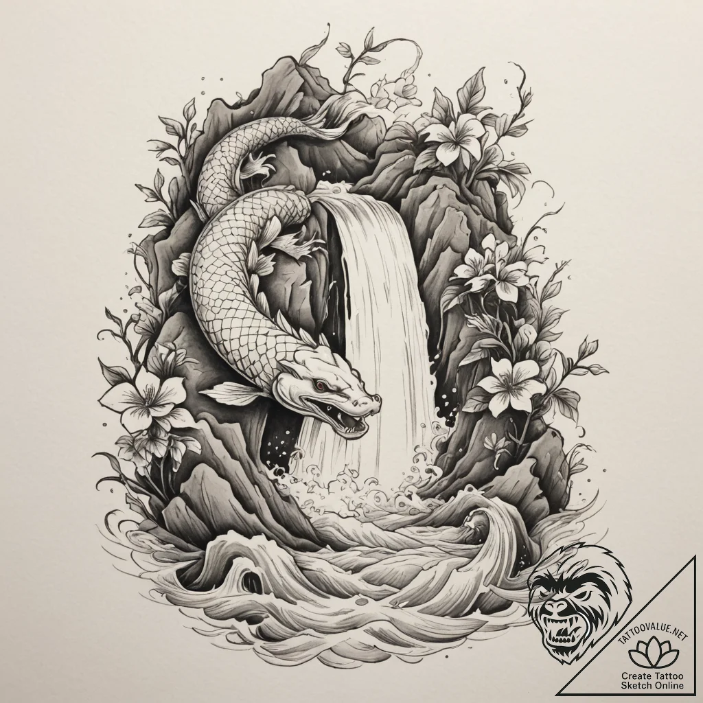 A hidden waterfall cascading into a lush, tro... - tattoo sketch (№1755197842_0, 14.08.2025 18:57) — tattoovalue.net