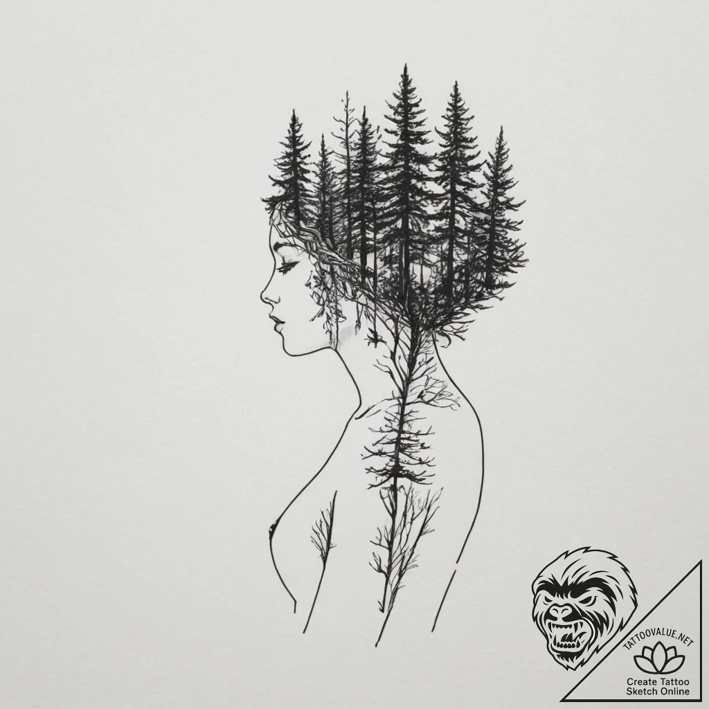 A human silhouette filled with a forest, arti... - tattoo sketch (№1755198441_0, 14.08.2025 19:07) — tattoovalue.net