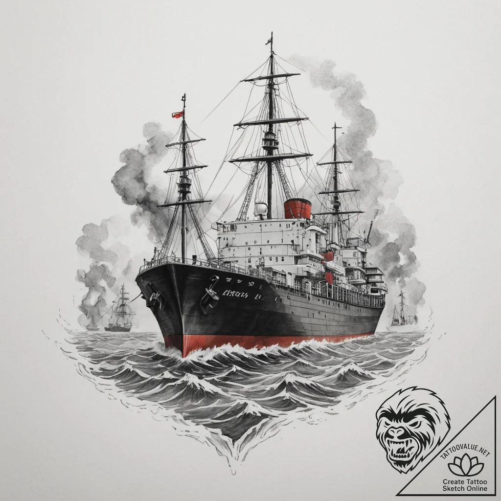 A massive container ship navigating through a... - tattoo sketch (№1755199834_0, 14.08.2025 19:30) — tattoovalue.net
