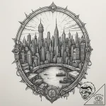 A window looking out onto a cyberpunk city, t… – tattoo sketch (№1755204607_0, 14.08.2025 20:50) — tattoovalue.net