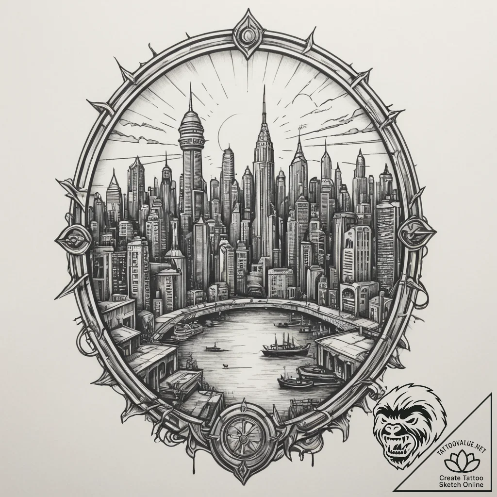 A window looking out onto a cyberpunk city, t... - tattoo sketch (№1755204607_0, 14.08.2025 20:50) — tattoovalue.net