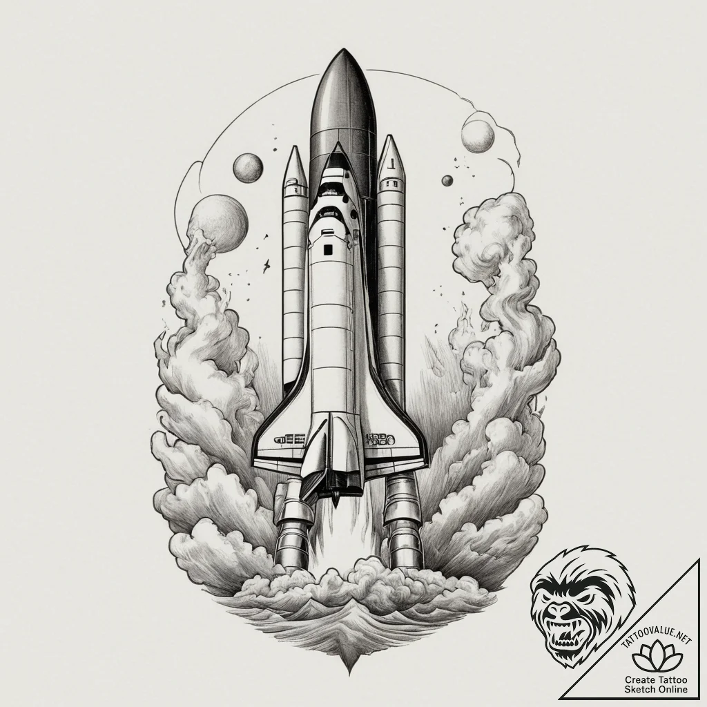 A space shuttle on the launchpad, steam billo... - tattoo sketch (№1755205606_0, 14.08.2025 21:06) — tattoovalue.net