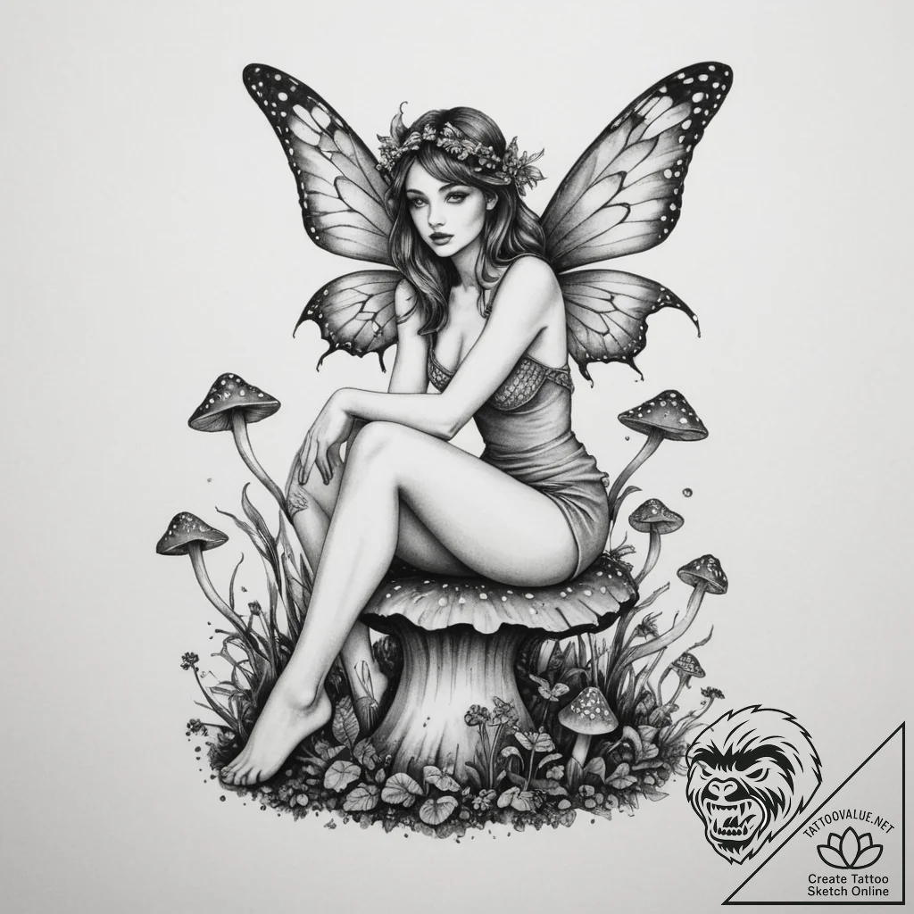 Fairy sitting on a mushroom, tattoo sketch de... - tattoo sketch (№1755208408_0, 14.08.2025 21:53) — tattoovalue.net