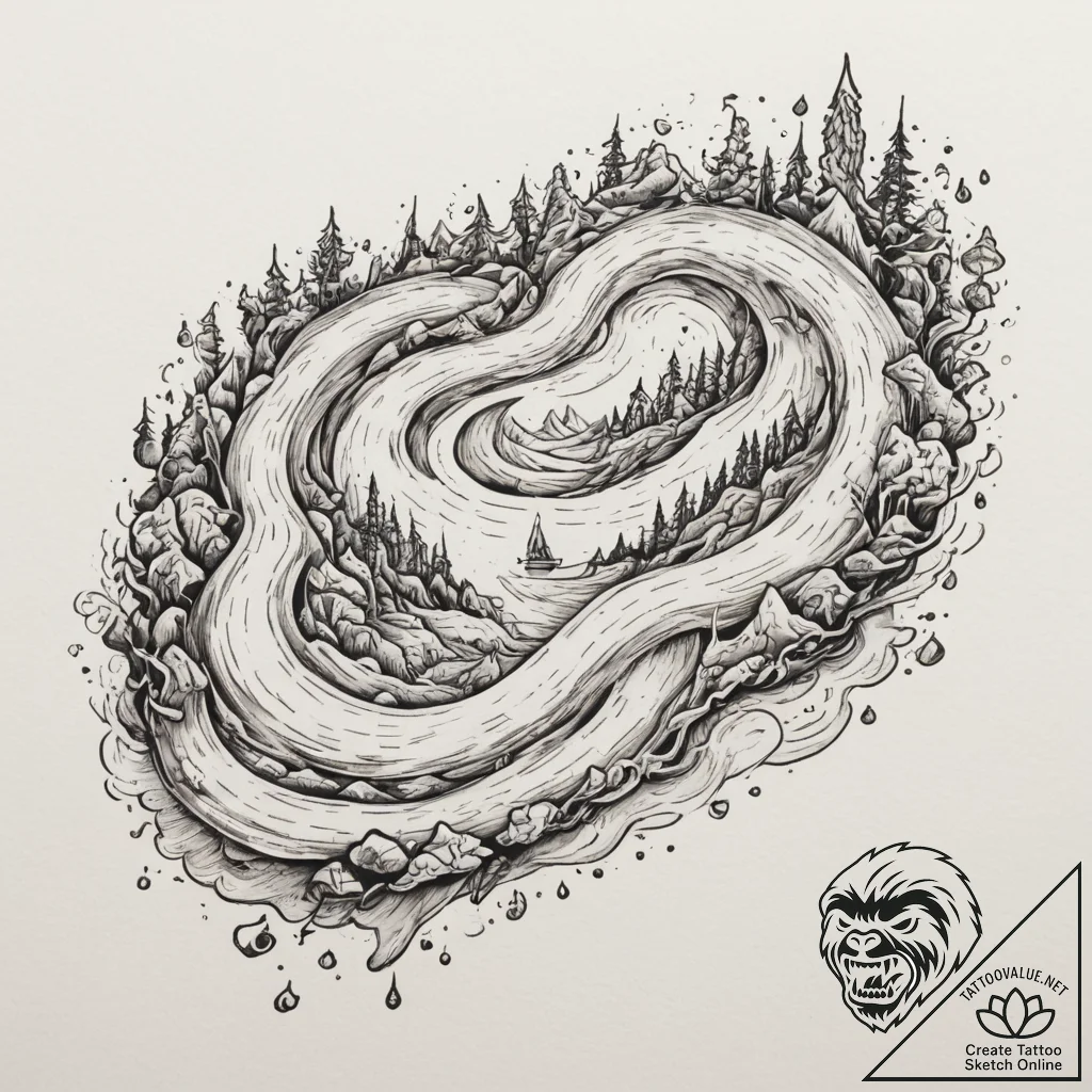 Tattoo design a flowing river of code that tr... - tattoo sketch (№1755210024_0, 14.08.2025 22:20) — tattoovalue.net