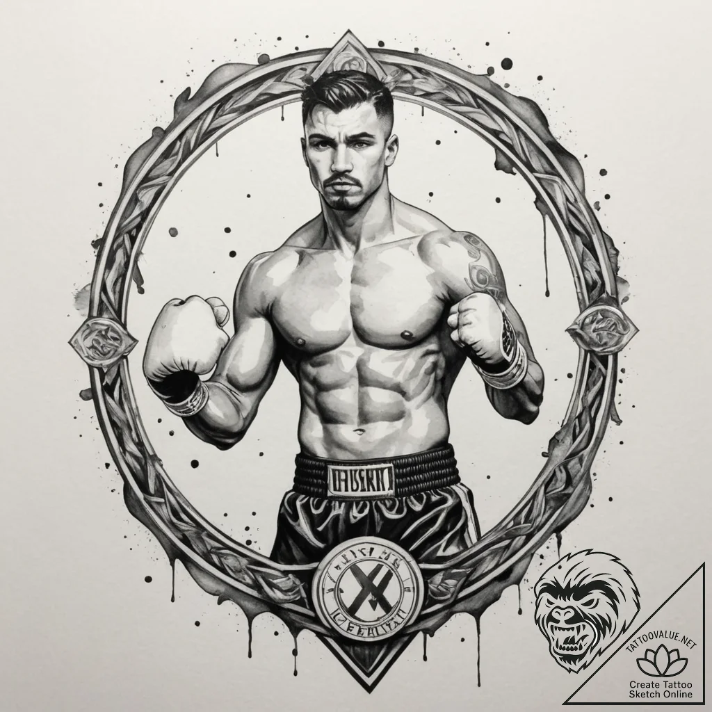 Tattoo design a boxing ring with a powerful f... - tattoo sketch (№1755216238_0, 15.08.2025 00:03) — tattoovalue.net