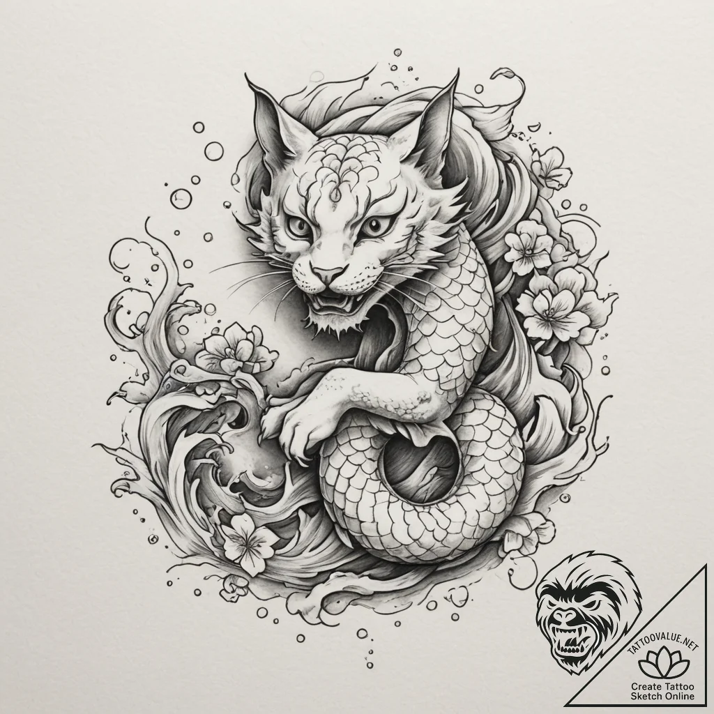 Cat, concept art for tattoo, on a clean white... - tattoo sketch (№1755217040_0, 15.08.2025 00:17) — tattoovalue.net