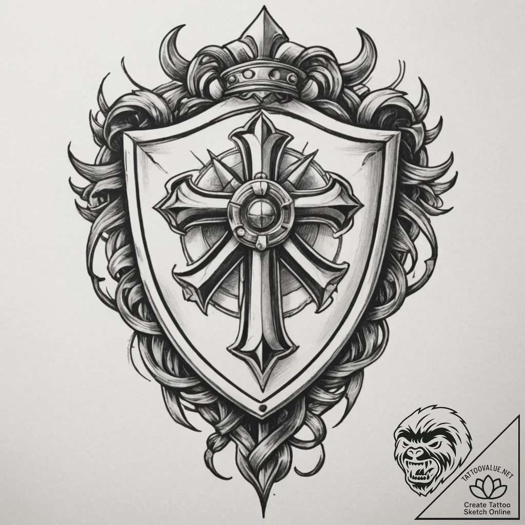 Tattoo design a shield with a stylized symbol... - tattoo sketch (№1755219657_0, 15.08.2025 01:00) — tattoovalue.net