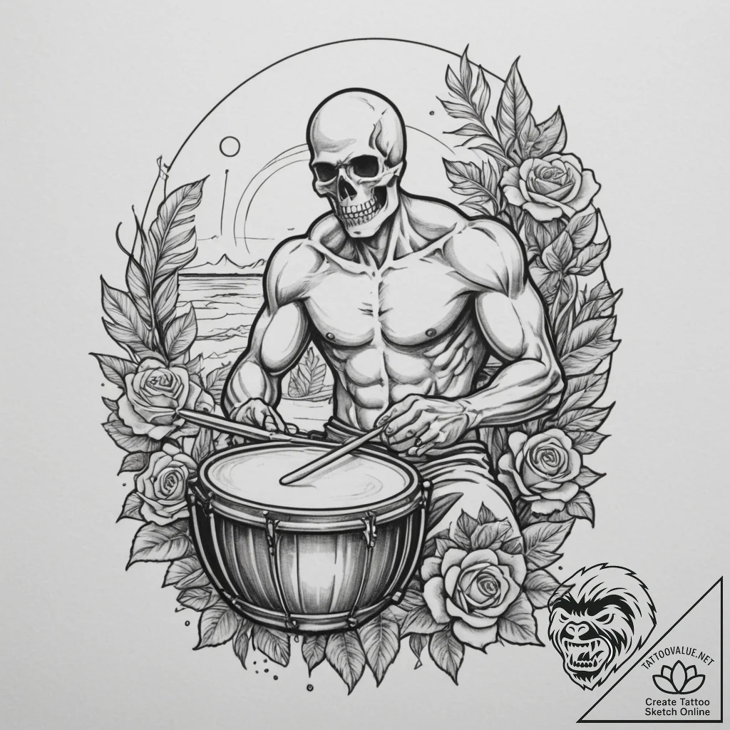 A person playing a steel drum on a tropical b... - tattoo sketch (№1755222065_0, 15.08.2025 01:41) — tattoovalue.net