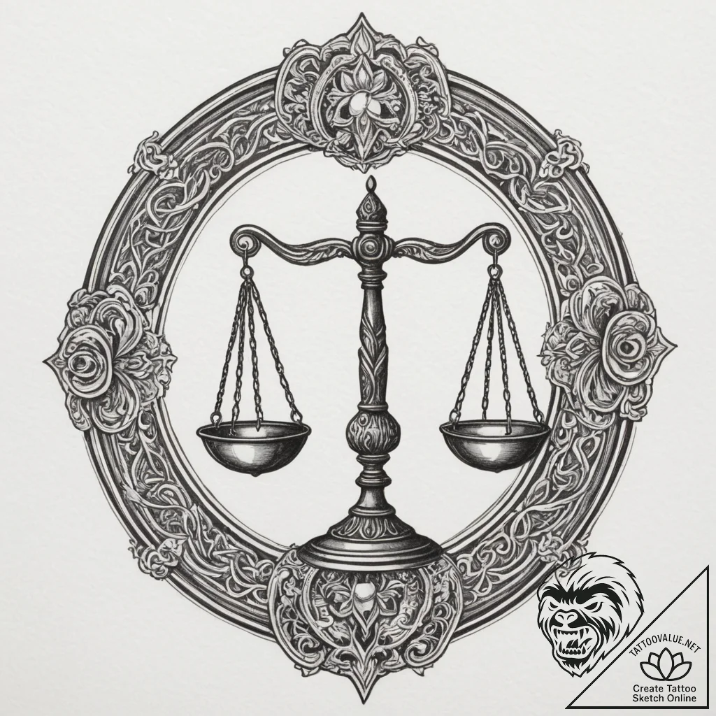 Tattoo sketch libra's scales with the "justic... - tattoo sketch (№1755222269_0, 15.08.2025 01:44) — tattoovalue.net