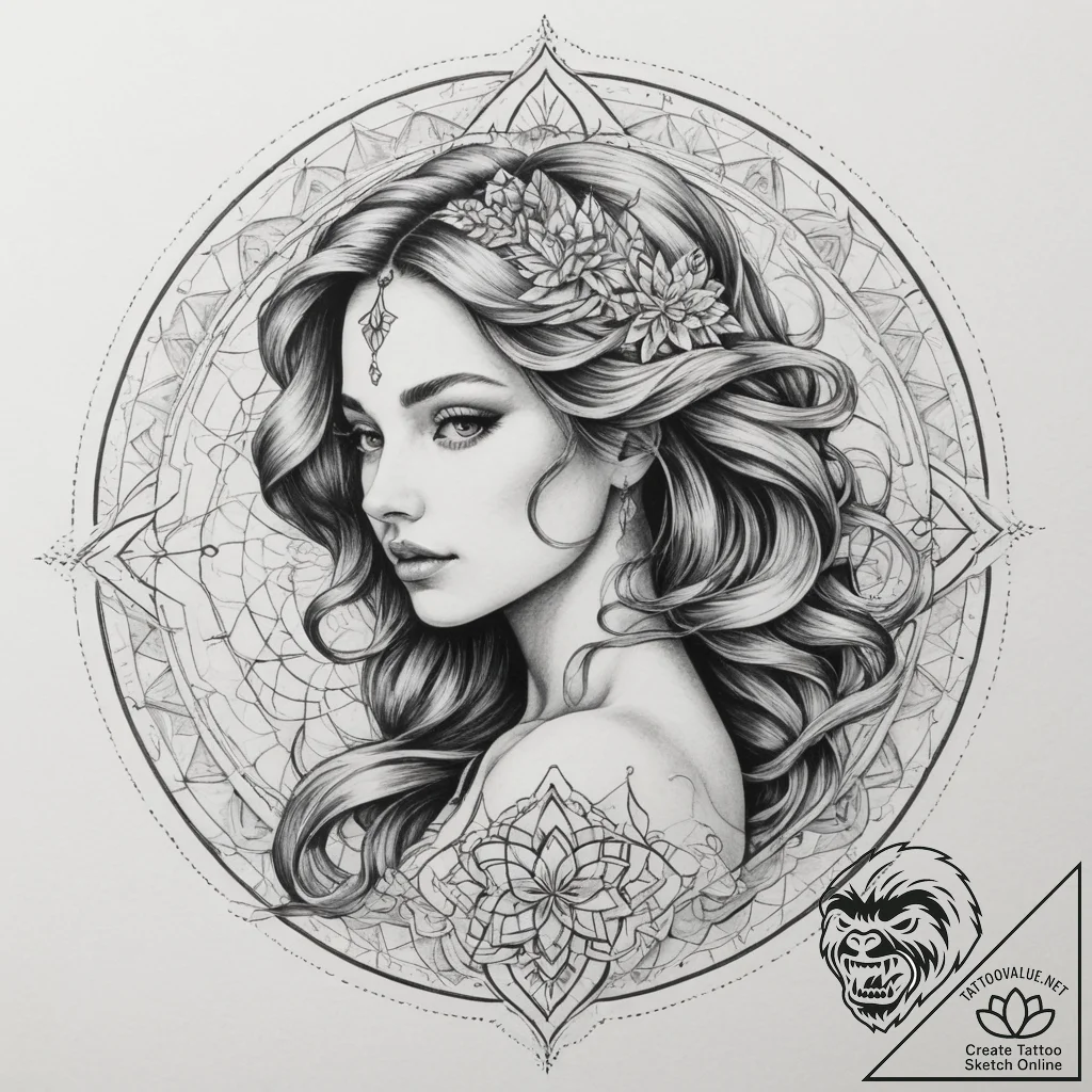 Tattoo design a virgo maiden's profile hidden... - tattoo sketch (№1755222871_0, 15.08.2025 01:54) — tattoovalue.net