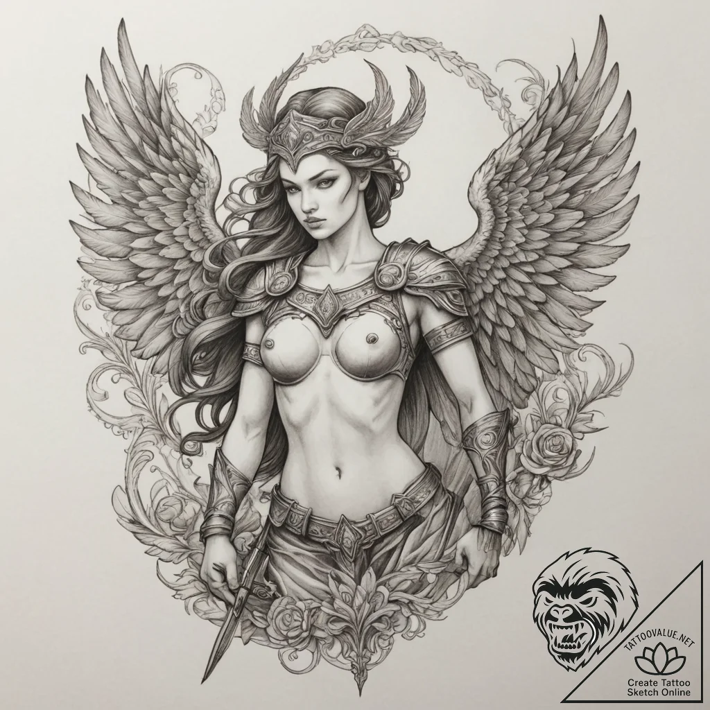 A valkyrie carrying a fallen soldier, artisti... - tattoo sketch (№1755223271_0, 15.08.2025 02:01) — tattoovalue.net