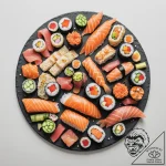 A spread of sushi and sashimi arranged artful… – tattoo sketch (№1755269284_0, 15.08.2025 14:48) — tattoovalue.net