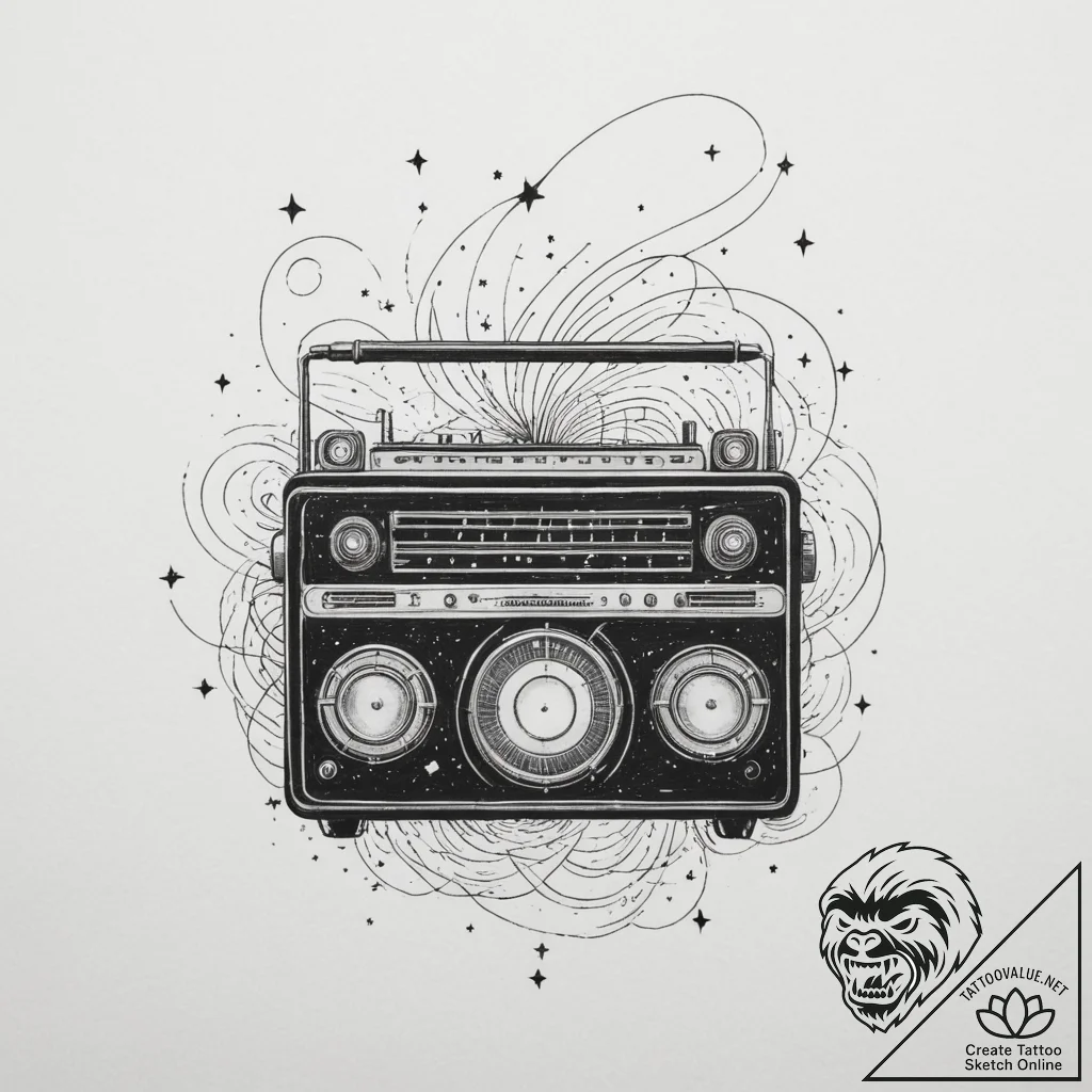 A vintage radio broadcasting sound waves and... - tattoo sketch (№1755270103_0, 15.08.2025 15:01) — tattoovalue.net