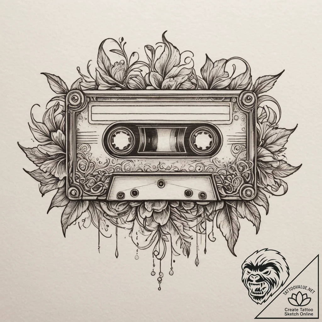 Cassette, tattoo drawing outline, fine lines,... - tattoo sketch (№1755271917_0, 15.08.2025 15:31) — tattoovalue.net