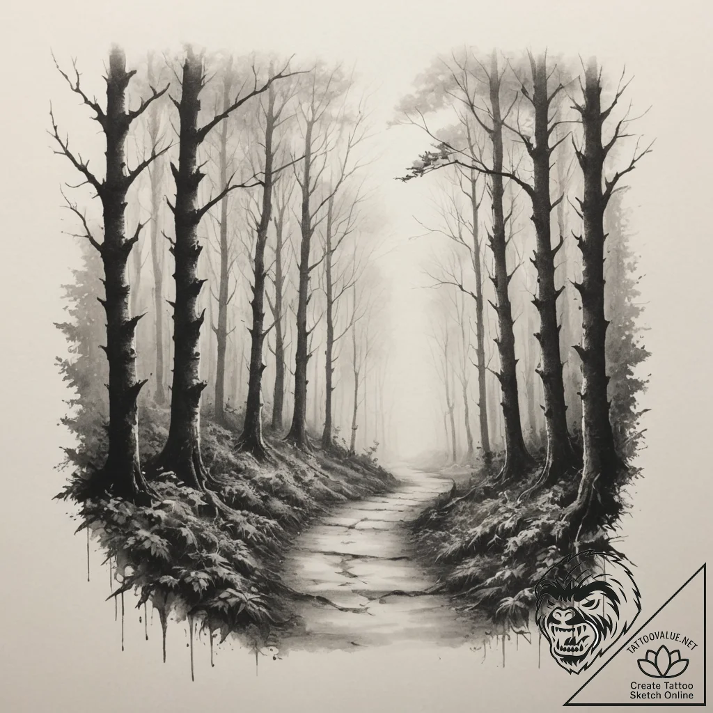 Tattoo design a misty, dreamlike pathway thro... - tattoo sketch (№1755274390_0, 15.08.2025 16:13) — tattoovalue.net