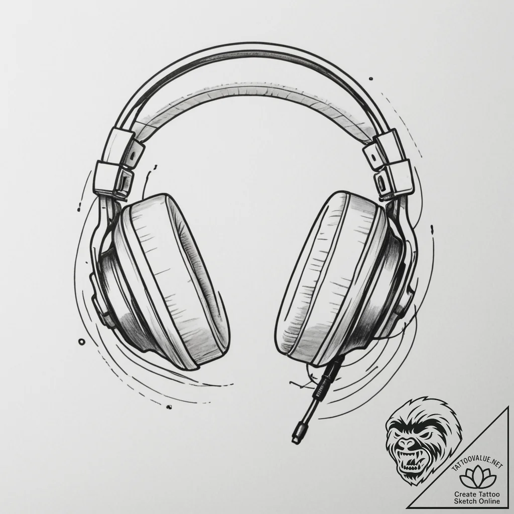 Tattoo sketch a gaming headset with sound wav... - tattoo sketch (№1755275198_0, 15.08.2025 16:26) — tattoovalue.net