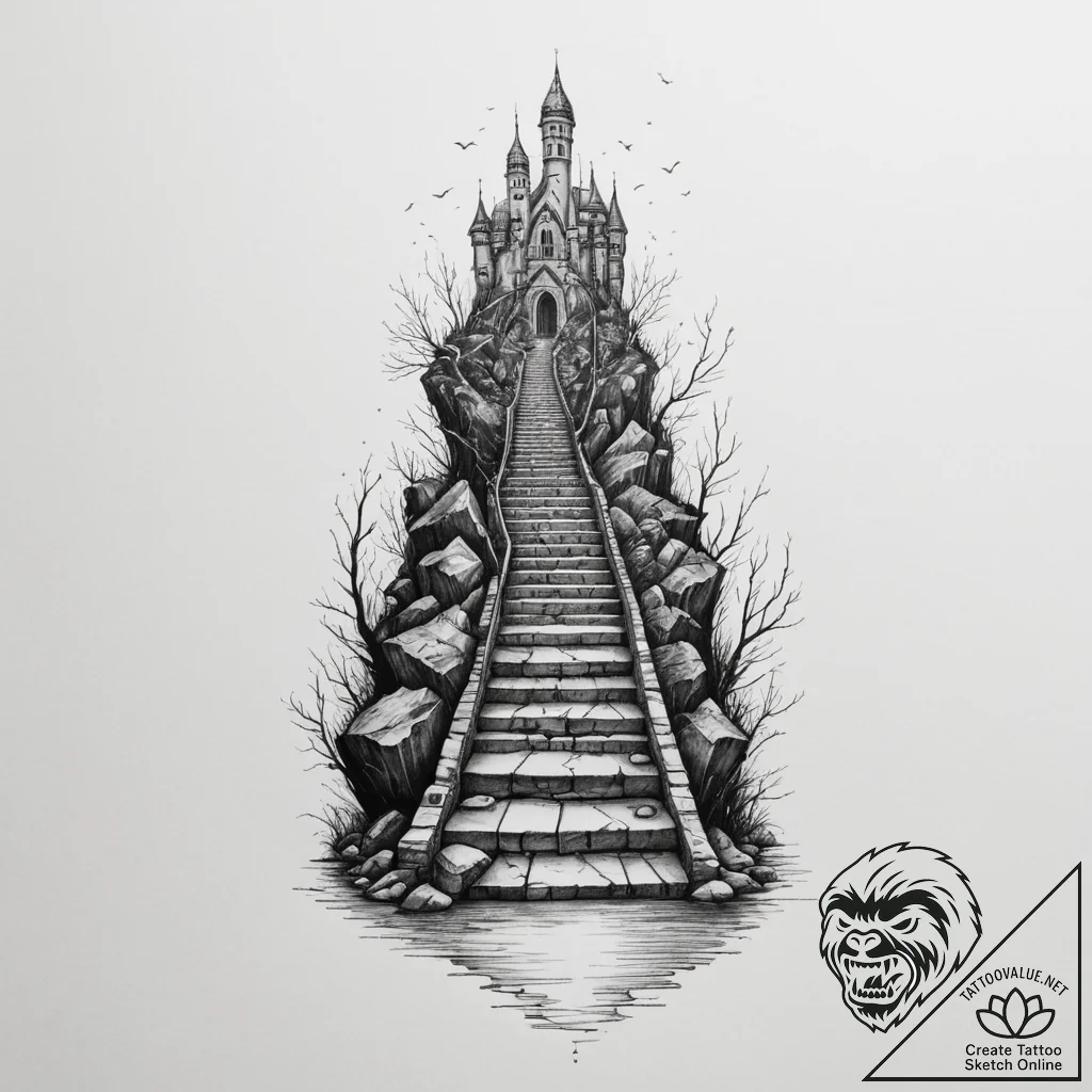 Stairway leading to a submerged city - tattoo sketch (№1755275795_0, 15.08.2025 16:36) — tattoovalue.net