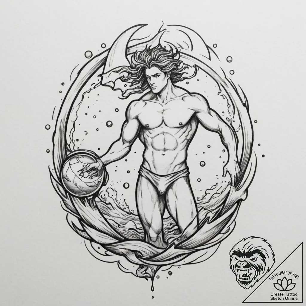 Tattoo sketch aquarius's water-bearer, with u... - tattoo sketch (№1755276829_0, 15.08.2025 16:53) — tattoovalue.net