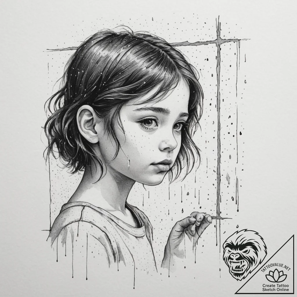 A child looking out a rain-streaked window on... - tattoo sketch (№1755278044_0, 15.08.2025 17:14) — tattoovalue.net